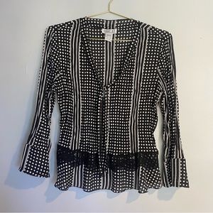 Vintage Robbie bee top stipe polka dot blouse sheer with tie & lace bell sleeve